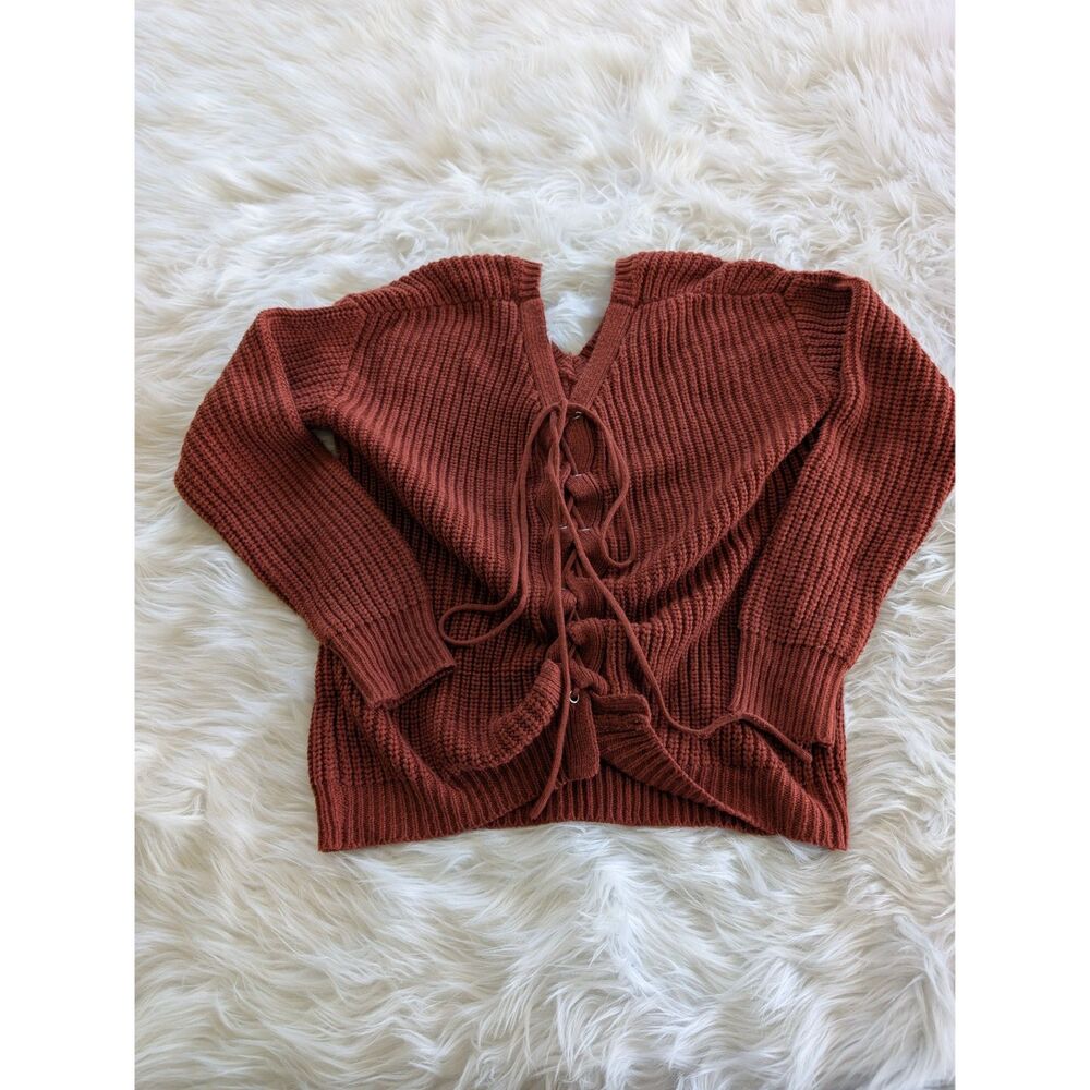 Love by Design Terracotta Ribbed Knit V-Neck Sweater w/ Lace-Up Tie Back, Size M